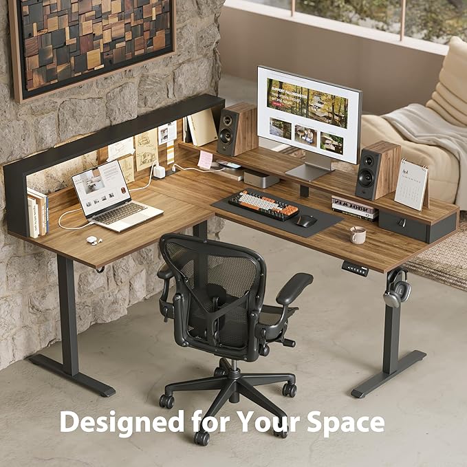 Agilestic L-Shaped Electric Standing Desk, 63x55 Inch Ergonomic Adjustable Height Desk with Storage, Stand Up Corner Desk Sit Stand Computer Table Power Outlet & LED Lights, Office Table, Dark Walnut