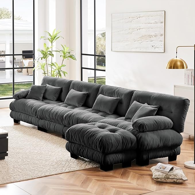 173.2" Oversized Couch, 4 Seater Modular Sectional Sofa, Grey Large L Shaped Fluffy Couch Set, Chenille Cloud Couches with Ottoman, Deep Seat Sofas for Living Room