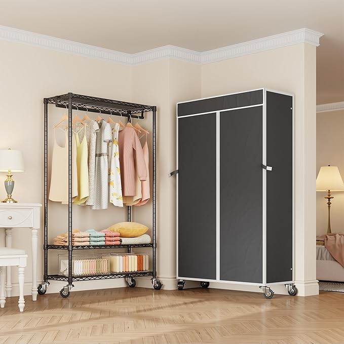 H4 Clothing Rack with Cover, Rolling Heavy Duty Clothes Rack, Garment Rack on Wheels, Portable Closet for Hanging Clothes, Black Clost Rack with Black Fabric Cover, Max Load 380LBS