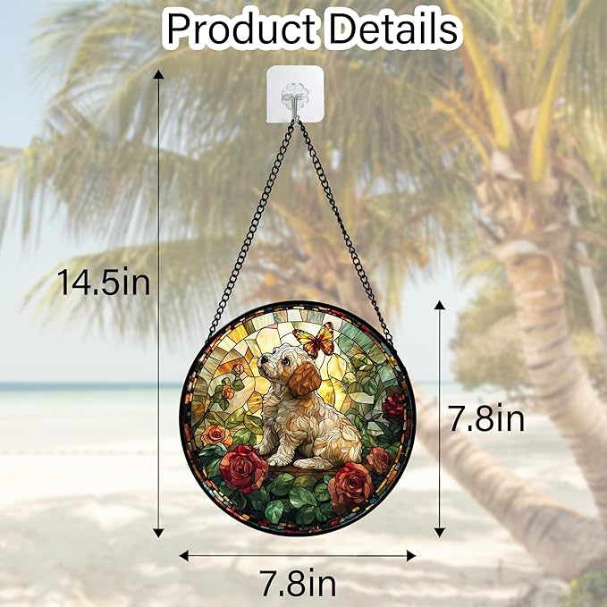 Stained Glass Window Hanging, Cute Dog and Flowers Suncatcher for Doors Home Butterfly Sun Catchers Decoration and Christmas, Mother's Day Birthday Gifts for Women, Men, and Mom 7.8 in