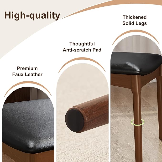 Solid Wood Dining Chair with Walnut Finish Mid Century Modern Upholstered PU Leather Dining Chairs with Curved Backrest for Dining Room, Kitchen, Study Room, Walnut Color