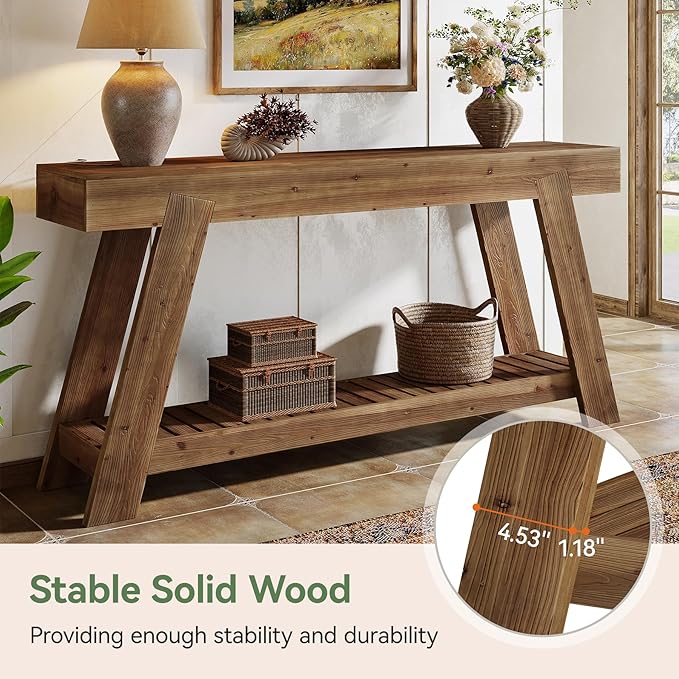 Solid Wood Console Table, 62.9-Inch Long Narrow Entryway Sofa Table with Storage Shelf for Living Room Hallway Entrance