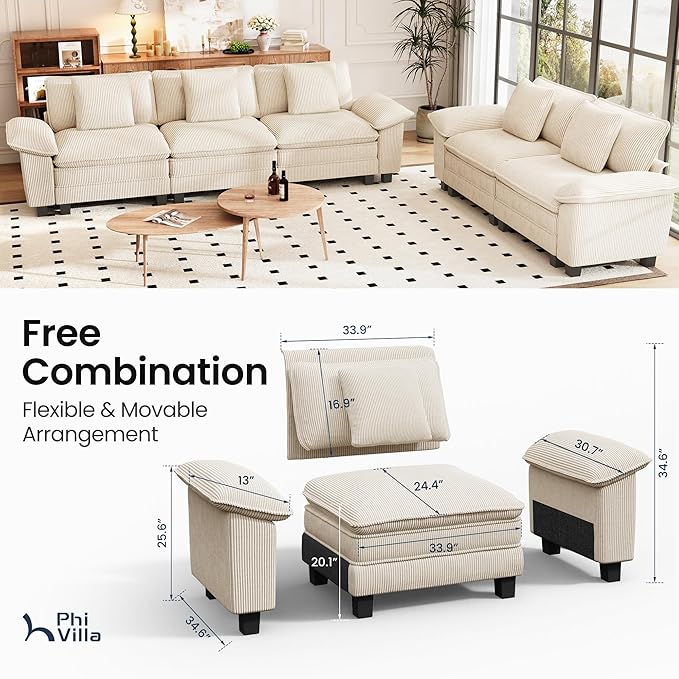 PHI VILLA Cloud Modular Couches Sets, 2 Pieces Comfy Sectional Sofa Set with Loveseat, 5-Seater Upholstered Couch for Living Room, Corduroy, Beige