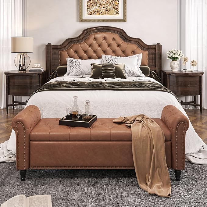 65 Inch Bedroom Bench, End of Bed Bench with Storage, Bed Benches for Foot of Bed, Faux Leather Window Bench with Tufted Button and Nailhead Trim, Upholstered Storage Bench with Rolled Arms, Brown