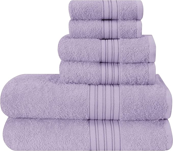 BOUTIQUO 6 Pack Cotton Towel Set, Contains 2 Bath Towels 28x55 inch, 2 Hand Towels 16x24 inch & 2 Wash Coths 12x12 inch, Ideal Everyday use, Ultra Soft Compact & Lightweight - Purple