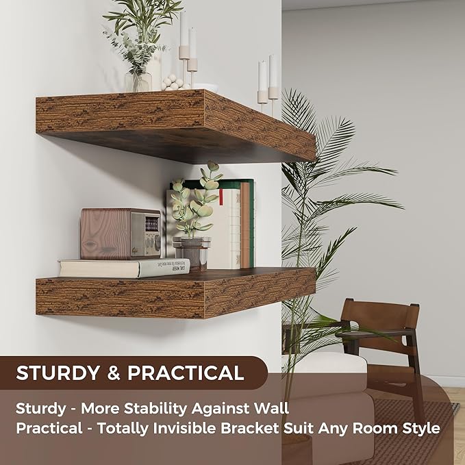 Floating Shelves for Wall, 30" W x 12" D x 2" H, 2 Pack of Long Wall Mounted Engineered Wood Shelves with Invisible Brackets for Living Room, Bedroom, Bathroom, Kitchen Decor, Brown