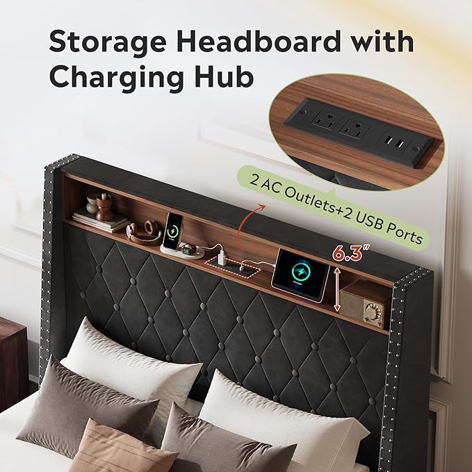 WLIVE Full Size Upholstered Bed Frame with Storage Headboard, Velvet Square Tufted Platform Bed with Charging Station, Sturdy Metal & Wooden Slats Support, No Box Spring Needed, Black