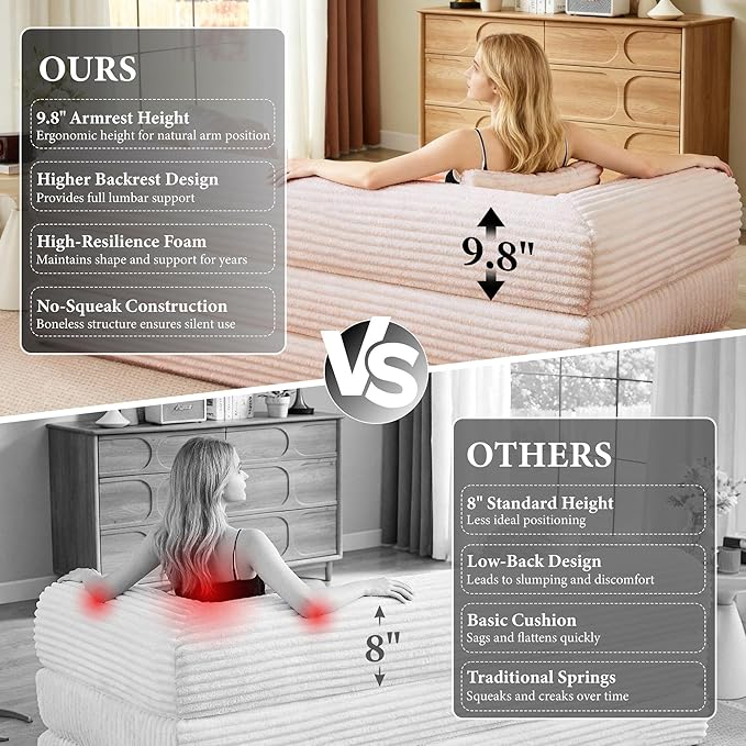 Boneless Couch Sofa Bed Sectional Couches for Living Room,Futon Cloud Couch with Sleeper Sofa,Sofas for Living Room Oversized Corduroy Upholstered (Pink)