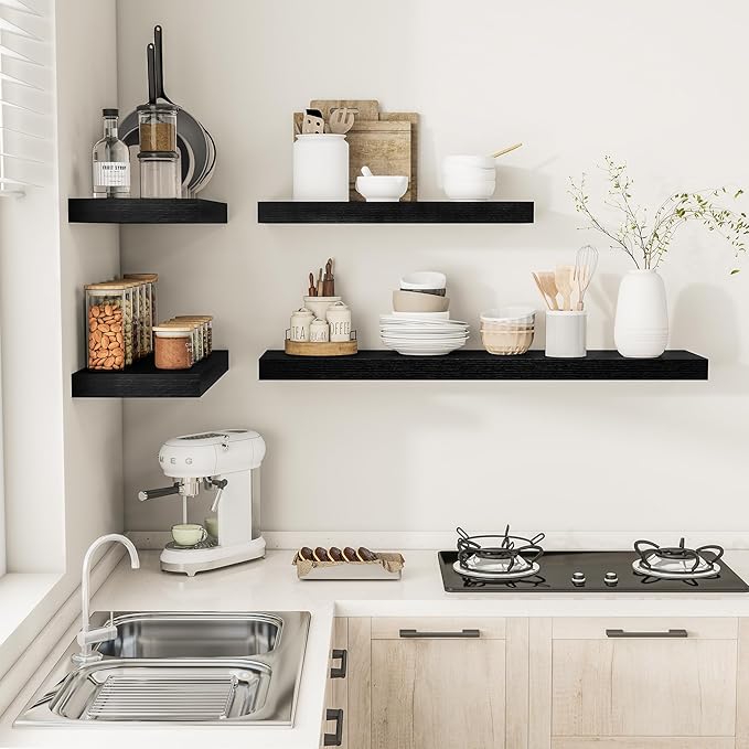 Vivelove 2 inch Thick Floating Shelves for Wall 55 Inches Long, 12" Deep Wall Shelves, for Bedroom, Bathroom, Living Room, Kitchen, Office, Modern Home Decor, 48" X 12" X 2", Set of 2, Black