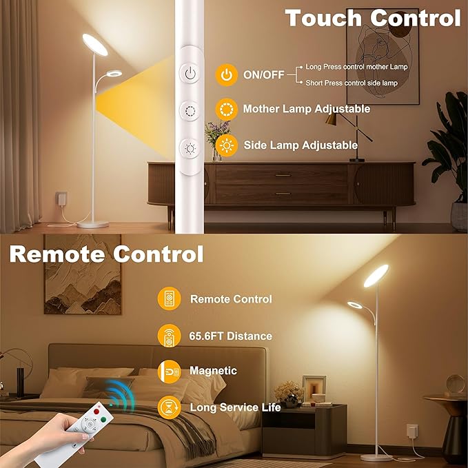 White Floor Lamps for Living Room Bedroom, 42W/4300LM Super Bright LED Floor Lamp with Remote and Touch Control, Stepless Dimmable, 69" Tall Standing Lamp with Gooseneck Reading Light for Office