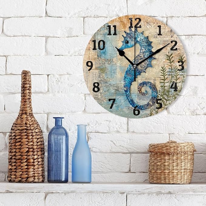 Wall Clock Ocean Map Seahorse Silent Non Ticking Wall Clock Decorative Battery Operated Wall Clocks for Home Kitchen Bedroom Living Room Office
