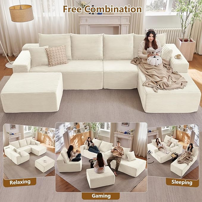135" U-Shape Cloud Couch, Modern Modular Sectional Comfy L-Shape Sofa with Ottoman, Deep Seat, Upholstered Corduroy Sleeper Chaise Longue for Living Room Bedroom, No Assembly Required, White