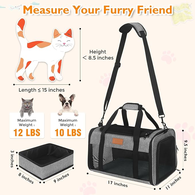PETUX Pet Carrier Airline Approved - 17"x11"x9.5" Cat Travel Carrier with Litter Box for Small Cats up to 12 lb - Top Open Portable TSA Approved Pet Carrier in Cabin for Travel and Vet Visit - Grey