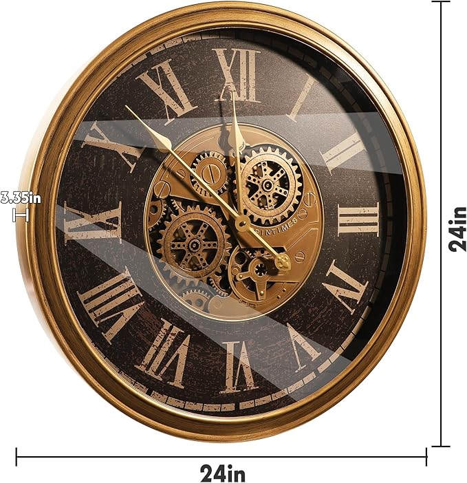 October Elf Large Real Moving Gears Wall Clock 24 Inch Vintage Industrial Steampunk Large Big Metal Wall Clock for Living Room Decor (24 Inch Roman Antique Brass Brown)