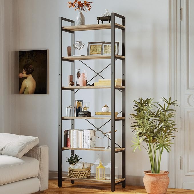 IRONCK Bookshelf 6-Tier Ladder Shelf 110 lbs or Shelf Display Shelf Vintage Industrial Style Bookcase for Home Office, Living Room