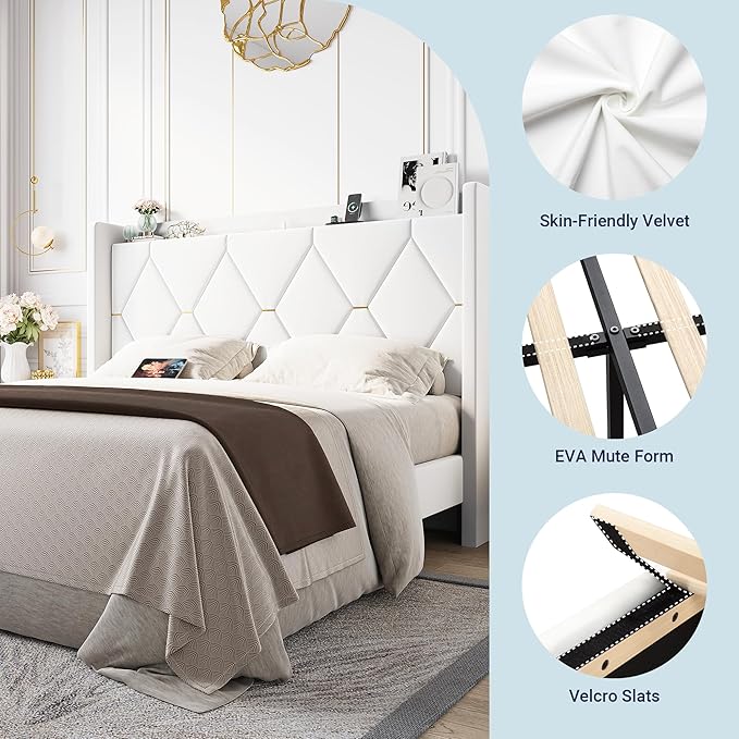 Allewie Velvet Full Size Upholstered Bed Frame with Wingback Storage Headboard & Charging Station, Platform Bed with Diamond Tufted Design & Gold Trim, No Box Spring Needed, Easy Assembly, White