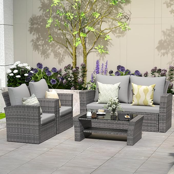 Solaste 4 Piece Outdoor Patio Furniture Set, Outdoor Sectional Sofa with Tempered Glass Coffee Table and Cushions, Wicker Rattan Patio Set for Backyard, Front Porch, Balcony, Gray
