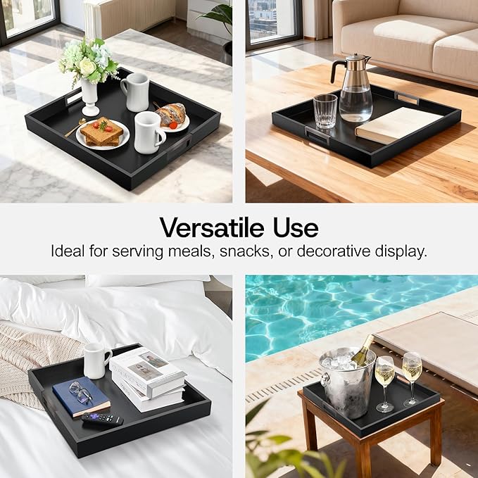 Joy&Grace Large Square Ottoman Tray for Living Room and Coffee Table 22 Inch Decorative Acacia Wood Serving Tray with Handles for Breakfast in Bed, Dinner Food Kitchen TV (Black, 22" x 22" x 2")