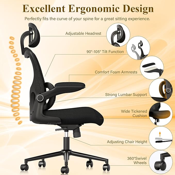 SUNNOW Ergonomic Office Chair, Comfy Mesh Desk Chair, High Back Computer Gaming Chairs with Adjustable Lumbar Support, Flip-Up Arms, Headrest, Tilt Function, Wide Cushion, Swivel Wheel, BIFMA Quality