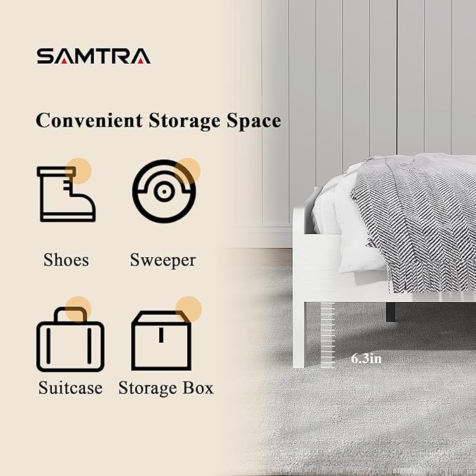 Wooden Bed Frame Queen Size with Headboard, Farmhouse Platform Bedframe with Wood Slat Support, Sturdy Framework Bed Frame, Easy Assembly (Rustic White)