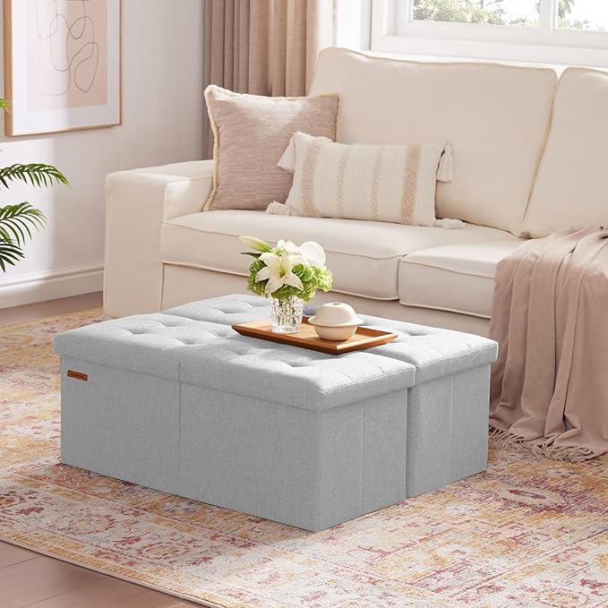 HAUSFRAU 31.5 Inches Ottoman with Storage Bench, Folding Ottoman Bench Small Foot Rest Stool, Bedroom Bench with Flipping Lid, Linen Silver