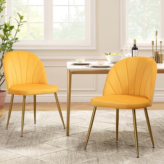 Velvet Dining Chairs Set of 4, Upholstered Mid Century Modern Dining Chairs, Armless Accent Chair with Metal Gold Legs for Living Room, Kitchen, Dining Room, Yellow