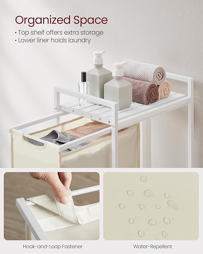 VASAGLE Laundry Hamper, Laundry Basket, Laundry Sorter with a Pull-Out and Removable Bag, Shelf, Metal Frame, 12.4 Gallons (47 L), 16.5 x 11 x 29.5 Inches, Cream White and Cloud White UBLH001W01