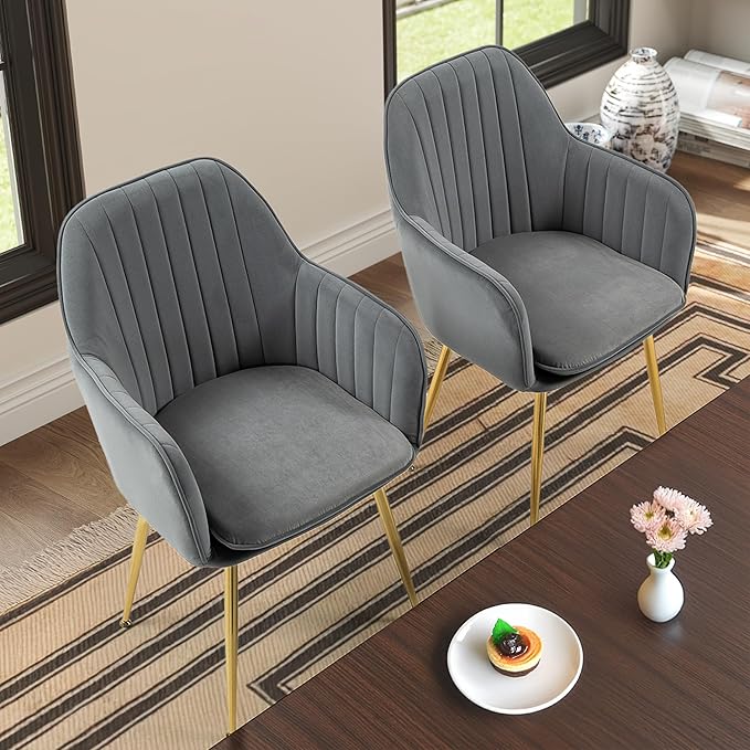 ECOTOUGE Matte Velvet Dining Chairs Set of 2, Modern Arm Chair with Golden Metal Legs, Living Room Accent Chairs for Kitchen, Grey