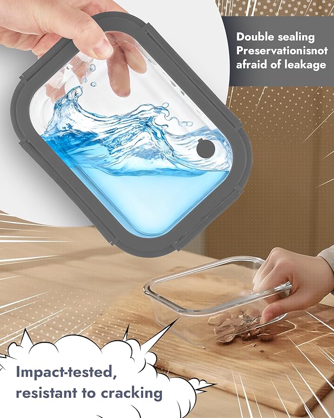 12-Pack Glass Containers with Tempered Lids – Borosilicate, Oven-Safe, Airtight, BPA-Free, Multi-Size for Meal Prep, Dishwasher Safe (Gray)