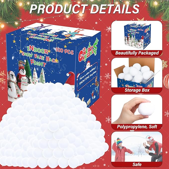 300 Pack Fake Snow Balls, Soft Artificial Snow Balls for Kids, Plush Indoor Snow Ball Fight Set for Multiplayer Outdoor Winter Parent-Child Throwing Game Home Christmas Party Decorations Present