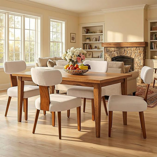 Dining Chairs Set of 4, Mid-Century Modern Upholstered Kitchen Chairs with Curved Backrest and Linen Fabric Seat, Wood Leg Accent Chairs for Dining Room, Living Room, Bedroom, Linen Beige