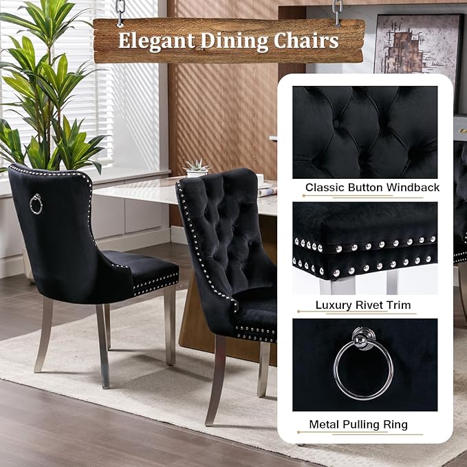 Goujxcy Glass Dining Table Set for 4, Modern Kitchen Table and Chairs Set of 4, 5-Piece Kitchen Dining Room Table Set w/51 Metal Silver Dining Table and 4 Black Velvet Upholstered Chairs