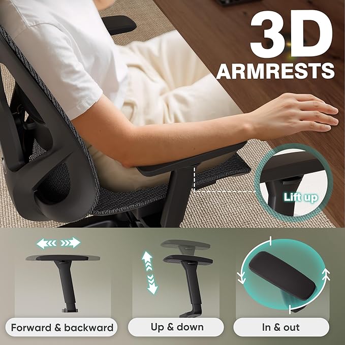 ELABEST T23 Ergonomic Office Chair with 2D Lumbar Support & 3D Headrest, High Back Mesh Swivel Chair with Adjustable 3D Armrests, Breathable Computer Desk Chair for Long Hour Sitting (Graphite Black)