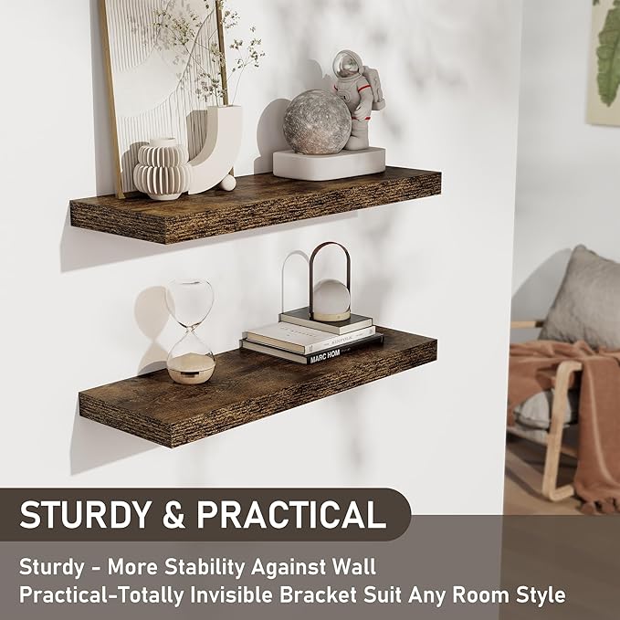 Floating Shelves for Wall, 28 Inch Floating Shelves Set of 2, Wall Mounted Rustic Wood Shelf for Bathroom, Living Room, Bedroom and Kitchen, Hanging Shelf for Storage, Books, Home Decor, Rustic Brown