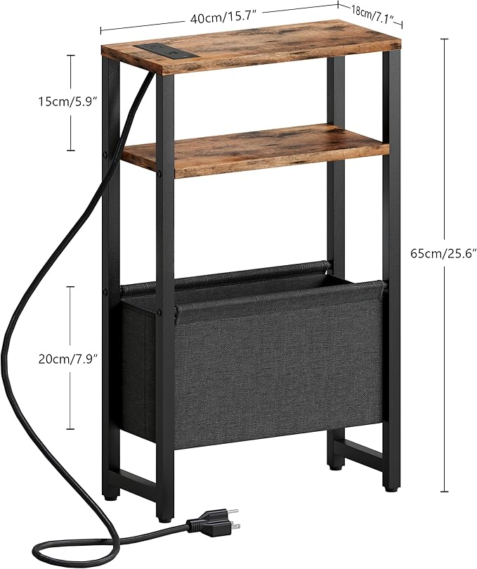 Narrow Side Table with Charging Station Slim End Table Sofa with Magazine Rack, Bedside Table for Small Spaces, 3 Tier Nightstand for Living Room Couch, Bedroom Rustic Brown LET503RE