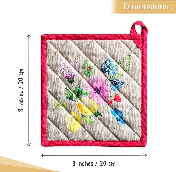 Maison d' Hermine Pot Holders Set 100% Cotton Heat Resistant Potholders 8" x 8" Hot Pads with Loop BBQ, Cooking, Grilling, Kitchen, Handling Hot Pans Spring/Summer (Pack of 2, Jardin D'Ete - Fog)