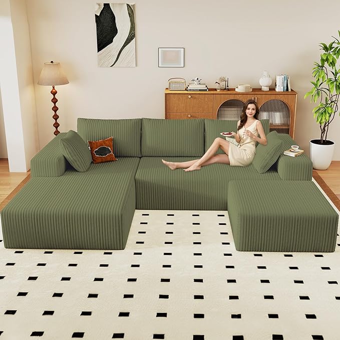 96" U-Shape Cloud Couch, Modern Modular Sectional L-Shape Sofa with Ottoman, Corduroy Upholstered Couches Deep Seat Sleeper Chaise Longue for Living Room, No Assembly Required(Green, Left Facing)