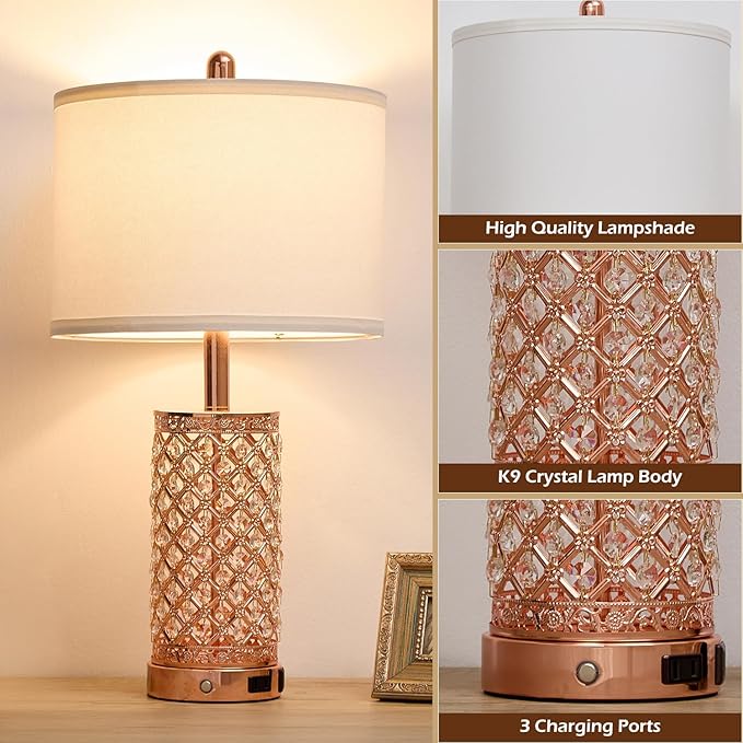 Crystal Table Lamps Modern 3-Way Dimmable Bedside Lamp with 2 USB Ports & AC Outlets for Living Room Bedroom Nightstand Lamp Night Light (Rose Gold-2 Pack 24In)
