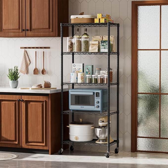 5 Tier Shelves Storage Shelf Wire Closet Bathroom Organizers Metal Pantry Kitchen Garage Shelving Unit Laundry Room Organization Home Rack Net Basket Black with Wheels 14”D X 24”W X 61”H