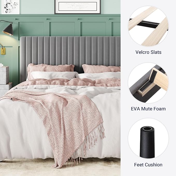 Allewie Queen Bed Frame, Velvet Upholstered Platform Bed with Adjustable Vertical Channel Tufted Headboard, Mattress Foundation with Strong Wooden Slats, Box Spring Optional, Easy Assembly, Grey