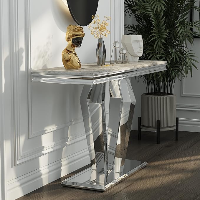 Silver Console Table, Luxury Grey and Silver Sofa Table, 50 inch Rectangle Entryway Table with Mirrored Geometric Base for Living Room, Hallway