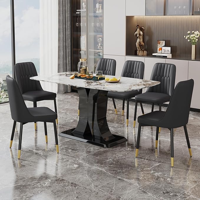Modern Dining Table Set for 6, Marble Kitchen Table Chair Set for 6, Rectangular Kitchen Table with 6 Pu Leather Upholstered Chair for Dining Room