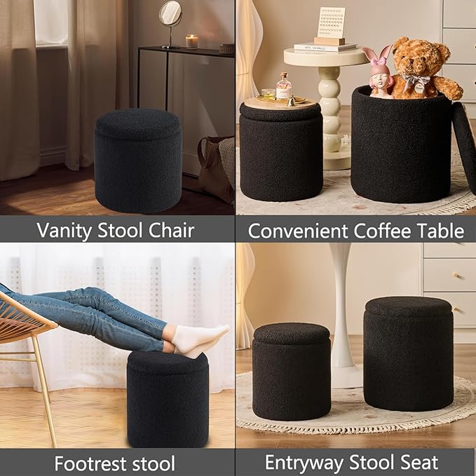 Round Ottoman with Storage Set of 2-Upholstered Sherpa Vanity Stool for MakeupMultifunctional Ottomans Coffee Table Padded Seat Foot Rest for LivingRoom&Bedroom(Sherpa, Black)