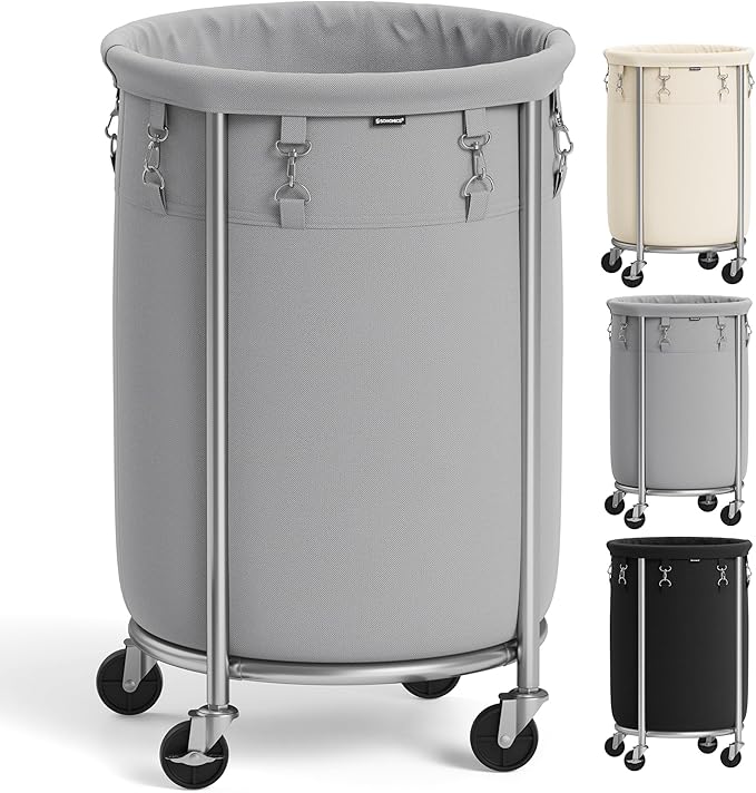 SONGMICS 18.5-Gallon (70 L) Laundry Basket with Wheels, Rolling Round Heavy-Duty Laundry Hamper Cart with Steel Frame and Removable Bag, 2 Locking Wheels, Gray and Metallic Silver URLS006G01