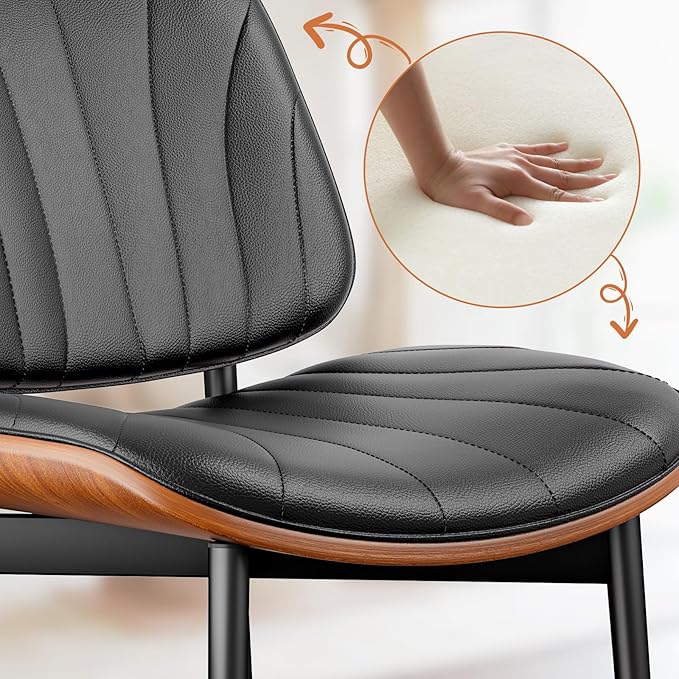 Dining Chairs Set of 4, Dining Room and Kitchen Chairs, FSC Certified Mid Century Modern Accent Chair, Upholstered PU Leather Chairs for Vanity with Walnut Bentwood and Metal Legs, Black