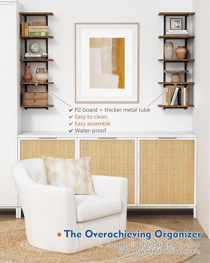 5 Tier Wall Bookshelf Unit for Bedroom Books, Large Floating Book Shelves Wall Mounted, Rustic Wood Lack Tiered Hanging Shelf for Kitchen Office Living Room Corner (Dark Brown)