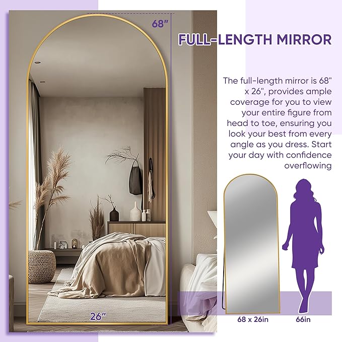 Full Length Mirror, 68"x26" Arched Floor Mirror Freestanding, Floor Standing Full Body Mirror with Stand for Bedroom, Hanging Mounted for Living Room Cloakroom, Gold