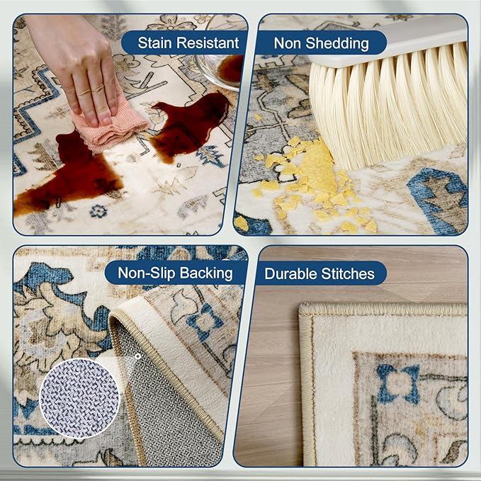 Area Rugs for Living Room 9x12 - Large Machine Washable Vintage Oriental Soft Rug, Low Pile Thin Carpet with Non Slip Backing for Bedroom, Dorm, Under Dining Room Table, Indoor House, Office Decor