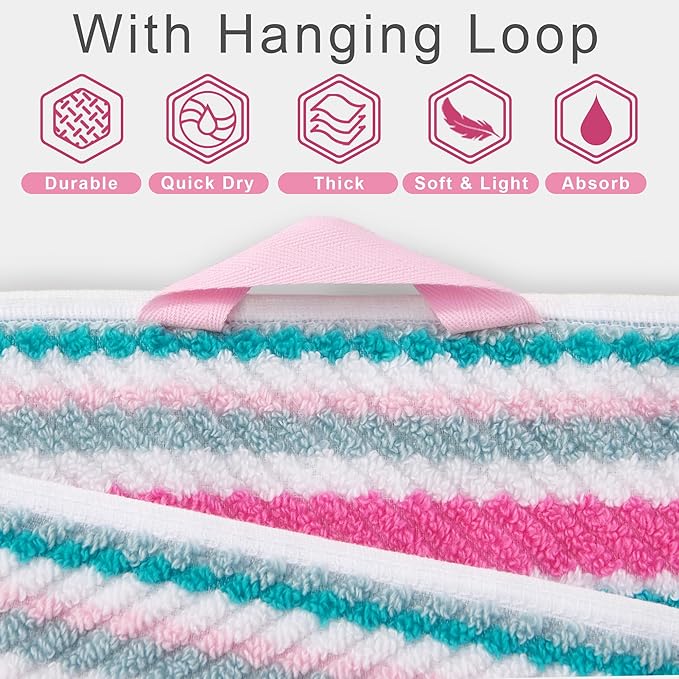 Pink Soft Towel Set (6PC, 100% Cotton), 2 Bath 28"x52", 2 Hand 16"x27", 2 Wash Cloth 13"x13, Quick Dry Towels with Hanging Loop, Striped Absorbent Towels Set for Bathroom & Guest, Pink and Aqua Stripe