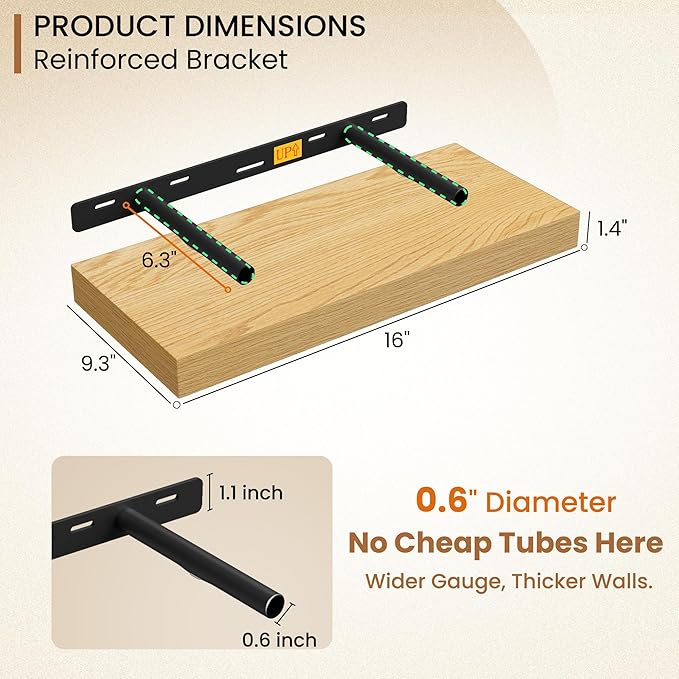 Fun Memories 16 Inch Floating Shelves for Wall, 9.3Inch Deep Floating Shelf, Extra Deeper & Thicker Wall Mounted Storage Shelf for Kitchen, Farmhouse, Oak, 2 Pack